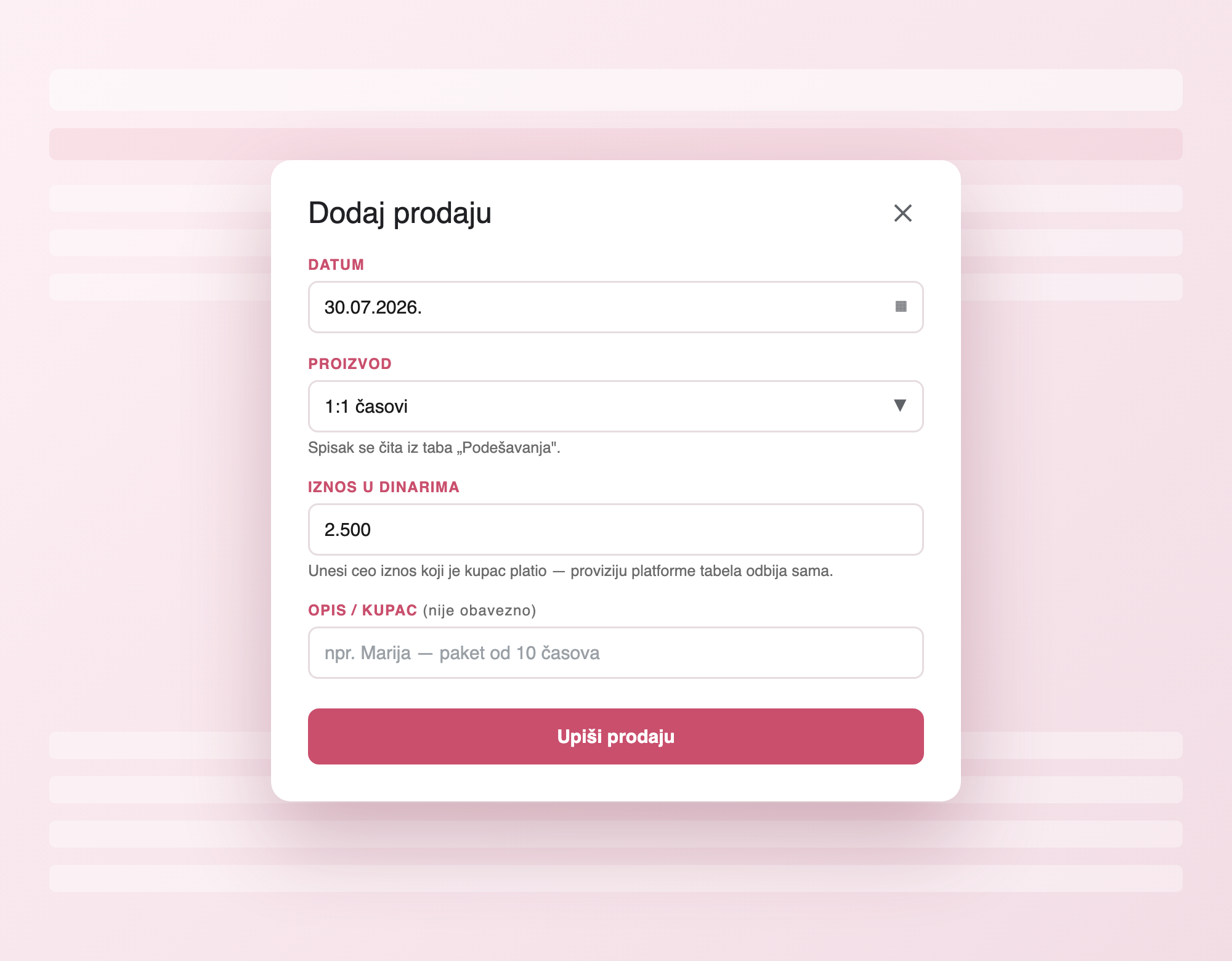 Formular Dodaj prodaju u tabeli Moje finansije — datum, proizvod, iznos i opis kupca